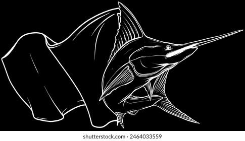 swordfish in white line on black background