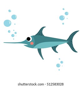Swordfish (Xiphias) animal cartoon character isolated on white background.