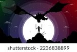 Swordman fighting dragon. knight with swords against dragon. knight with two swords fighting dragon. Full moon illustration background. Japanese urban samurai with Oni mask in head.