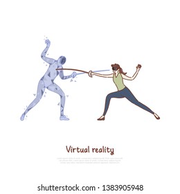 Swordplay simulation, woman in AR headset, fencer hologram holding epee, fighting game, virtual reality banner