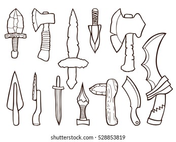 Swords, ax and mace. Set of ancient weapons. Vector illustration.