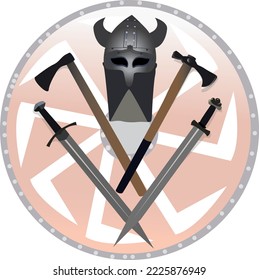 Swords, Axes and Helmets.Viking armor.