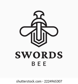Swords Bee Outline Logo Template Design
