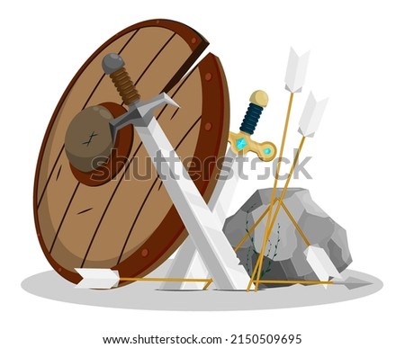 Swords, broken arrows and shield scattered across battlefield after devastating battle. Armistice agreement, laying down of arms. Concept vector isolated on white