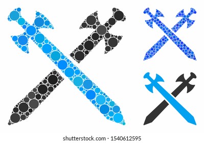 Swords composition of filled circles in different sizes and color tints, based on swords icon. Vector small circles are combined into blue composition. Dotted swords icon in usual and blue versions.