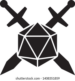 Swords crossed with 20 sided / d20 or 20d dice flat vector icon for apps and websites
