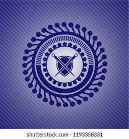 swords crossed with shield icon with denim texture