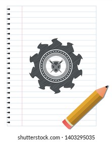swords crossed with shield icon drawn with pencil strokes. Vector Illustration. Detailed.