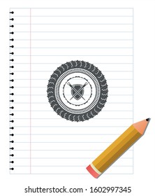 swords crossed with shield icon drawn in pencil. Vector Illustration. Detailed.