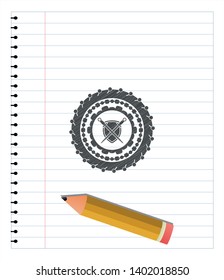 swords crossed with shield icon emblem with pencil effect. Vector Illustration. Detailed.
