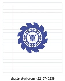 swords crossed with shield icon emblem draw with pen effect. Blue ink. Vector Illustration. Detailed. 
