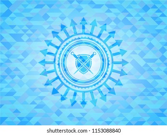 swords crossed with shield icon inside light blue emblem with mosaic background
