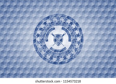 swords crossed with shield icon inside blue emblem or badge with geometric pattern background.