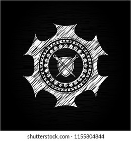 swords crossed with shield icon inside chalkboard emblem
