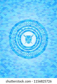 swords crossed with shield icon inside realistic light blue mosaic emblem