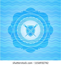 swords crossed with shield icon inside water wave representation style badge.