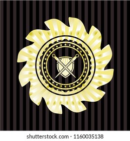 swords crossed with shield icon inside gold emblem or badge