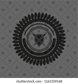 swords crossed with shield icon inside dark badge