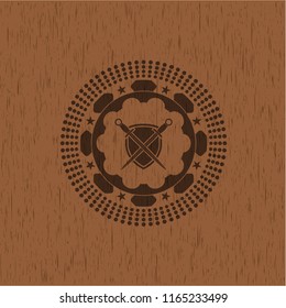 swords crossed with shield icon inside wood signboards