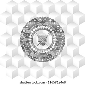 swords crossed with shield icon inside grey emblem with geometric cube white background