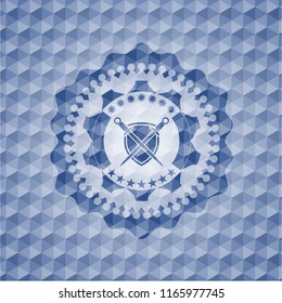 swords crossed with shield icon inside blue hexagon badge.