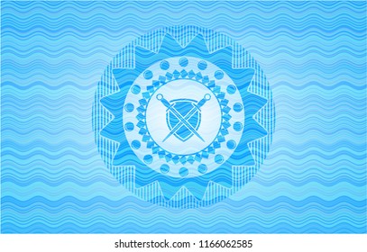 swords crossed with shield icon inside water concept style badge.