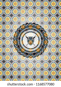 swords crossed with shield icon inside arabesque badge. arabic decoration.