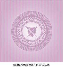 swords crossed with shield icon inside realistic pink emblem