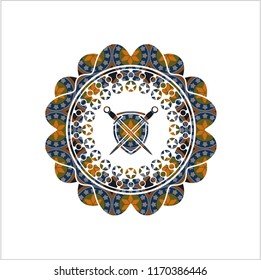 swords crossed with shield icon inside arabic emblem background. Arabesque decoration.