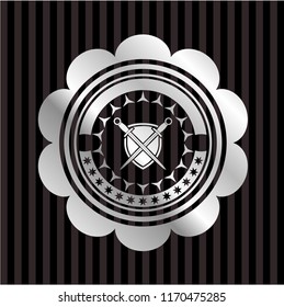 swords crossed with shield icon inside silvery shiny emblem