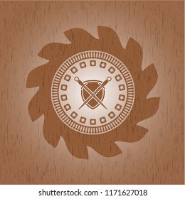 swords crossed with shield icon inside wood emblem. Vintage.