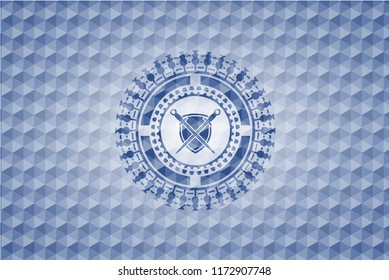 swords crossed with shield icon inside blue emblem with geometric pattern background.