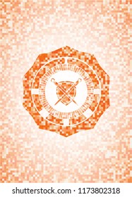 swords crossed with shield icon inside abstract emblem, orange mosaic background