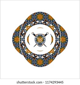 swords crossed with shield icon inside arabesque style badge. arabic decoration.