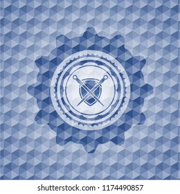 swords crossed with shield icon inside blue emblem or badge with abstract geometric polygonal pattern background.