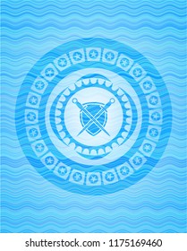 swords crossed with shield icon inside sky blue water wave style badge.