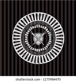 swords crossed with shield icon inside silvery shiny emblem