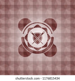 swords crossed with shield icon inside red seamless geometric pattern emblem. Seamless.