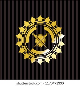 swords crossed with shield icon inside golden emblem