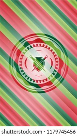 swords crossed with shield icon inside christmas emblem.
