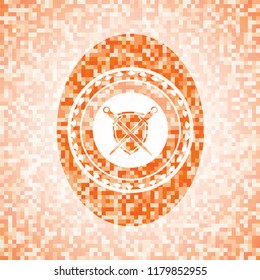 swords crossed with shield icon inside abstract emblem, orange mosaic background