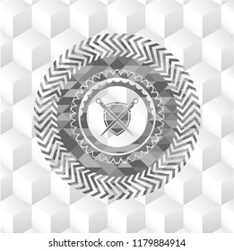 swords crossed with shield icon inside grey emblem with geometric cube white background