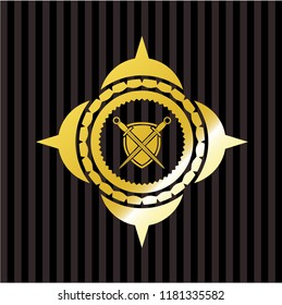 swords crossed with shield icon inside gold shiny badge