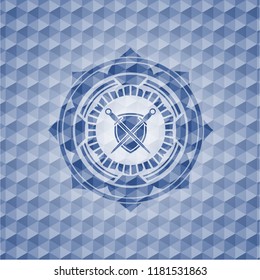 swords crossed with shield icon inside blue emblem with geometric pattern.