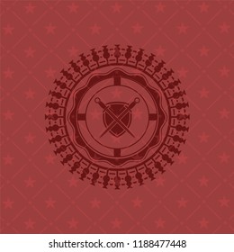 swords crossed with shield icon inside vintage red emblem