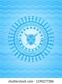 swords crossed with shield icon inside water wave representation style badge.