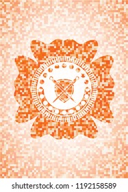 swords crossed with shield icon inside abstract emblem, orange mosaic background