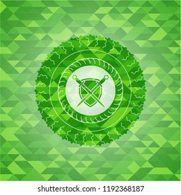 swords crossed with shield icon inside green emblem with mosaic background