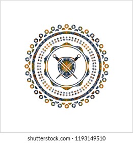 swords crossed with shield icon inside arabesque badge. arabic decoration.
