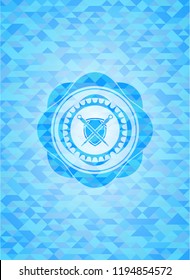 swords crossed with shield icon inside light blue emblem. Mosaic background